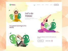 Time for fitness concept based landing page design with women yoga asana in different pose on nature view. vector