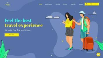 Landing page design with illustration of female and male tourist holding luggage bag going to trip for Feel the best travel experience. vector