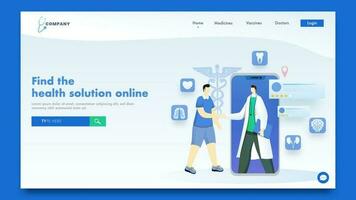 Responsive landing page design with illustration of doctor handshaking from patient with medical app in smart phone for Online Health Solution concept. vector