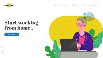 Web banner or landing page design with woman character working on laptop for Start working from home. vector