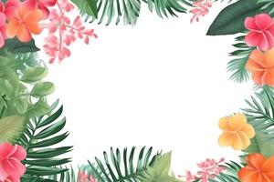 Summer Frame or Border with tropical palm leaves and flowers on white background photo