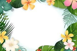 Summer Frame or Border with tropical palm leaves and flowers on white background photo