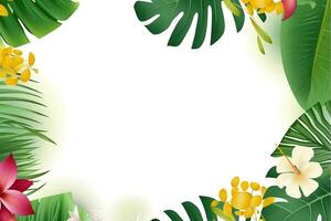 Summer Frame or Border with tropical palm leaves and flowers on white background photo