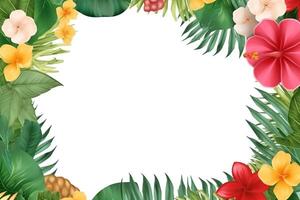 Summer Frame or Border with tropical palm leaves and flowers on white background photo