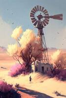 painting of a windmill in the middle of a desert. . photo