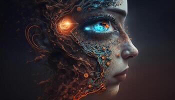 there is a woman with futuristic face and glowing eyes. . photo