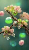 cerca arriba de un árbol rama con gotas de agua en él. generativo ai. foto