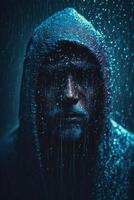 man in a hoodie standing in the rain. . photo