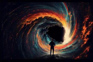 man standing in front of a black hole. . photo