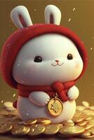 white rabbit wearing a red hat and scarf standing on a pile of gold coins. . photo