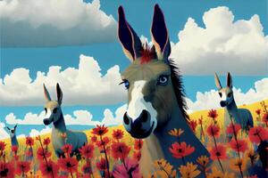 painting of two donkeys in a field of flowers. . photo