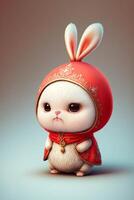 white rabbit wearing a red hat and a red scarf. . photo