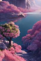 pink tree sitting on top of a lush green hillside. . photo