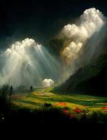 the sun shines through the clouds over a field of flowers. . photo