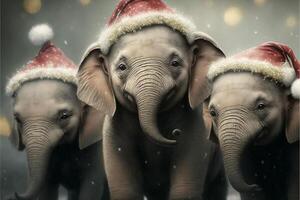 three baby elephants wearing santa hats standing next to each other. . photo