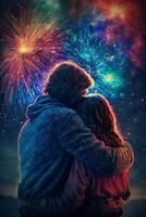 there is a man and woman hugging each other in front of fireworks. . photo