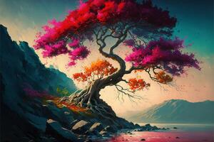 painting of a tree next to a body of water. . photo