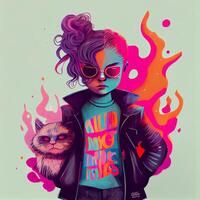 woman in a leather jacket holding a cat. . photo