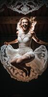 a woman in white dress is jumping the air. . photo