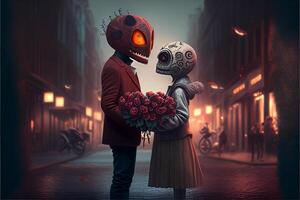 they are standing in the street with flowers and a skeleton. . photo