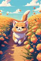 cat running through a field of flowers. . photo