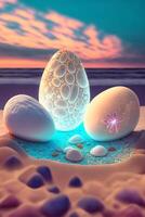 blanco huevo sentado en parte superior de un arenoso playa. generativo ai. foto