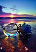 diamond ring sitting on top of a beach next to a rose. . photo