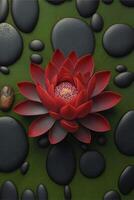 rojo flor rodeado por negro piedras generativo ai. foto
