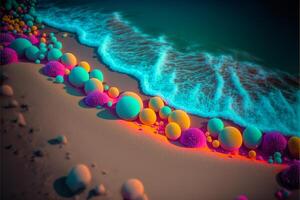 group of balloons sitting on top of a sandy beach. . photo