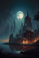 painting of a city at night with a full moon. . photo