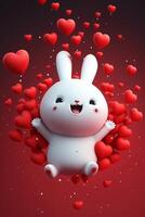 white rabbit sitting on top of a pile of red hearts. . photo