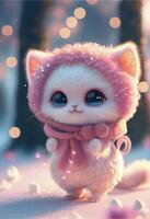 white cat wearing a pink hat and scarf. . photo