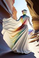 woman in a colorful dress walking through a canyon. . photo