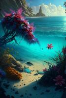 painting of an ocean scene with pink flowers. . photo