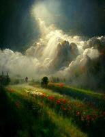 the sun shines through the clouds over a field of flowers. . photo