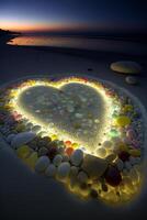 there is a heart made out of rocks on the beach. . photo