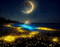 playa a noche con un lleno Luna en el cielo. generativo ai. foto