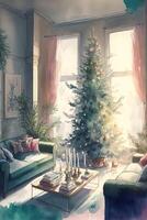 vivo habitación lleno con mueble y un Navidad árbol. generativo ai. foto