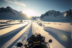 persona montando un motocicleta abajo un nieve cubierto la carretera. generativo ai. foto