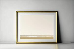 picture frame sitting on top of a floor next to a wall. . photo