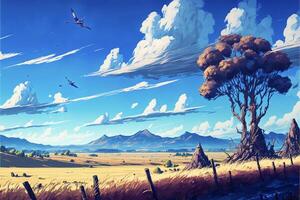 painting of a field with birds flying in the sky. . photo