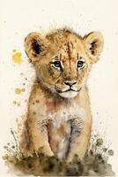 watercolor painting of a lion cub. . photo