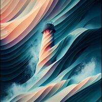 painting of a lighthouse surrounded by waves. . photo