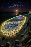 un cuerpo de agua sentado en parte superior de un arenoso playa. generativo ai. foto