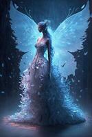 woman in a white dress with blue wings. . photo