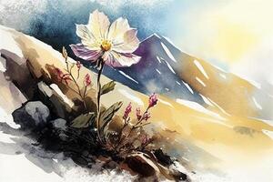 there is a painting of flower on rock in the mountains. . photo