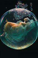 mujer flotante en un burbuja lleno con burbujas generativo ai. foto