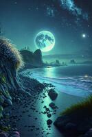 pintura de un playa a noche con un lleno Luna en el cielo. generativo ai. foto