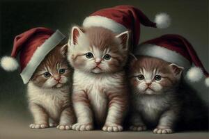 painting of three kittens wearing santa hats. . photo