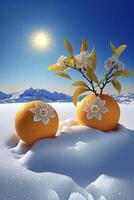 two oranges that are sitting in the snow. . photo